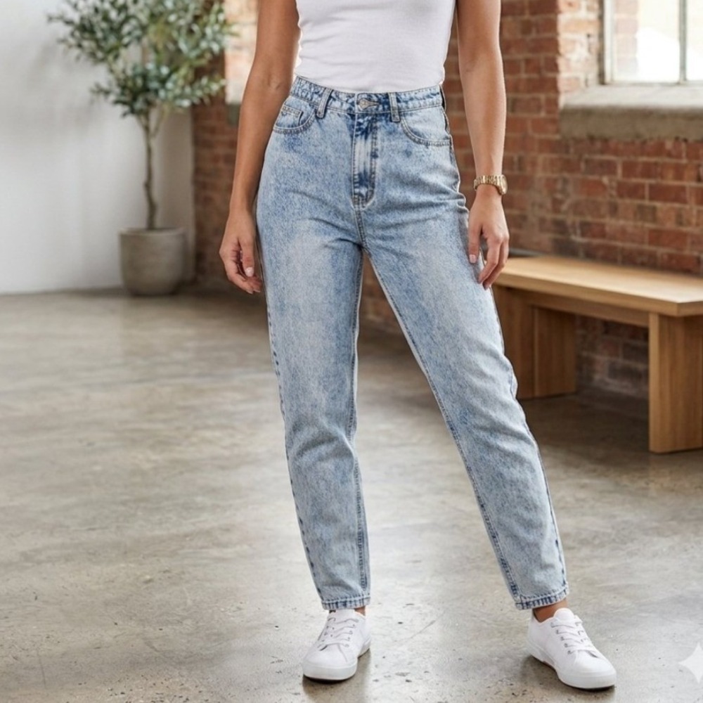 PrettyLittleThing Mom Jeans Women 6 Blue Acid Wash Tapered Leg Indie Sleeze